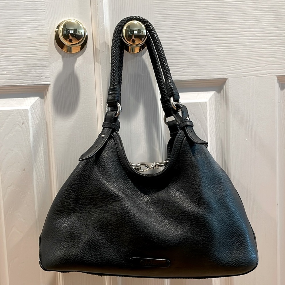 Cole Haan pebbled black leather triangle shoulderbag braid straps- great price!